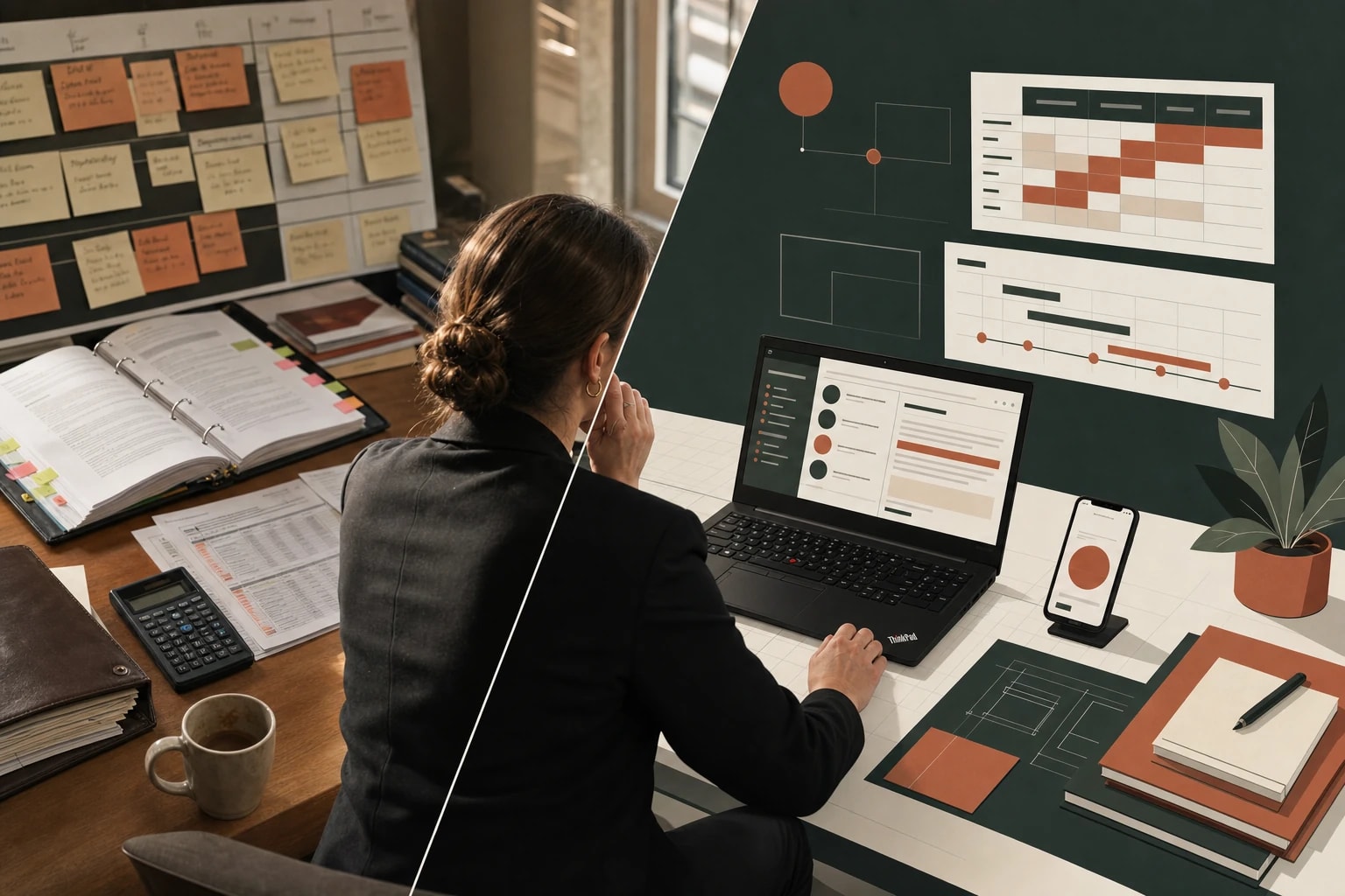 A bid war-room: RFP folder and win/loss board on the left, Vonbuild's go/no-go decision dashboard on the right