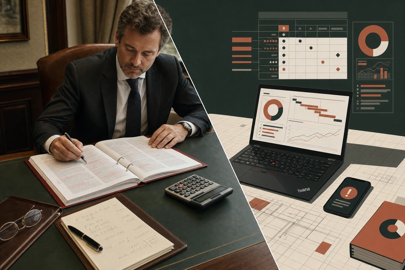 A commercial manager's negotiation table: redlined FIDIC contract on the left, Vonbuild's claim quantum dashboard on the right