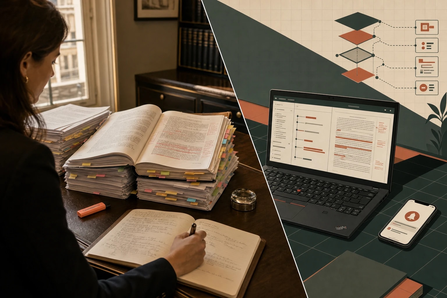 A counsel's desk: stacked contracts and a hand-annotated FIDIC volume on the left, Vonbuild's structured claim file and audit trail on the right