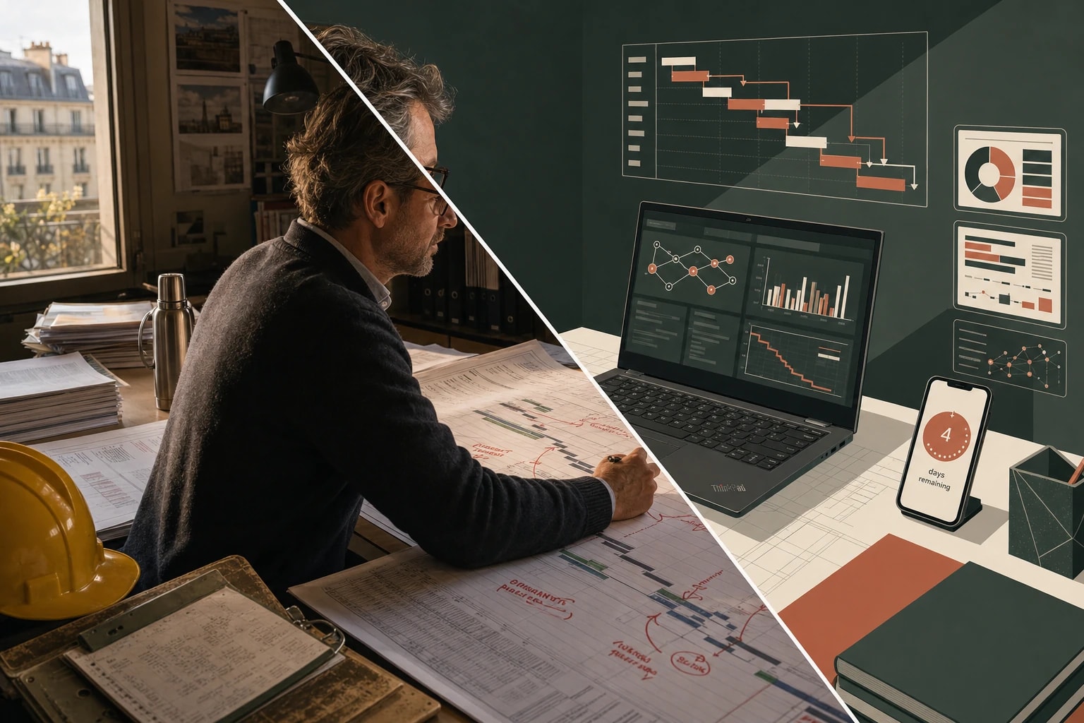 A project director's desk: printed P6 Gantt with red annotations on the left, Vonbuild's critical-path recovery on the right