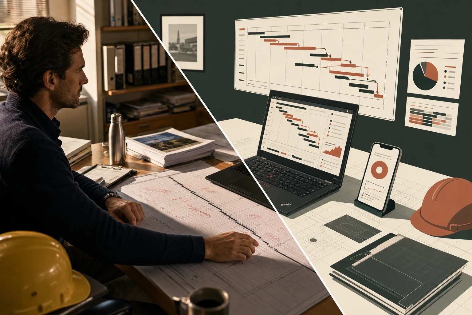 A project director's desk: hand-annotated P6 Gantt on the left, Vonbuild's recovery dashboard on the right