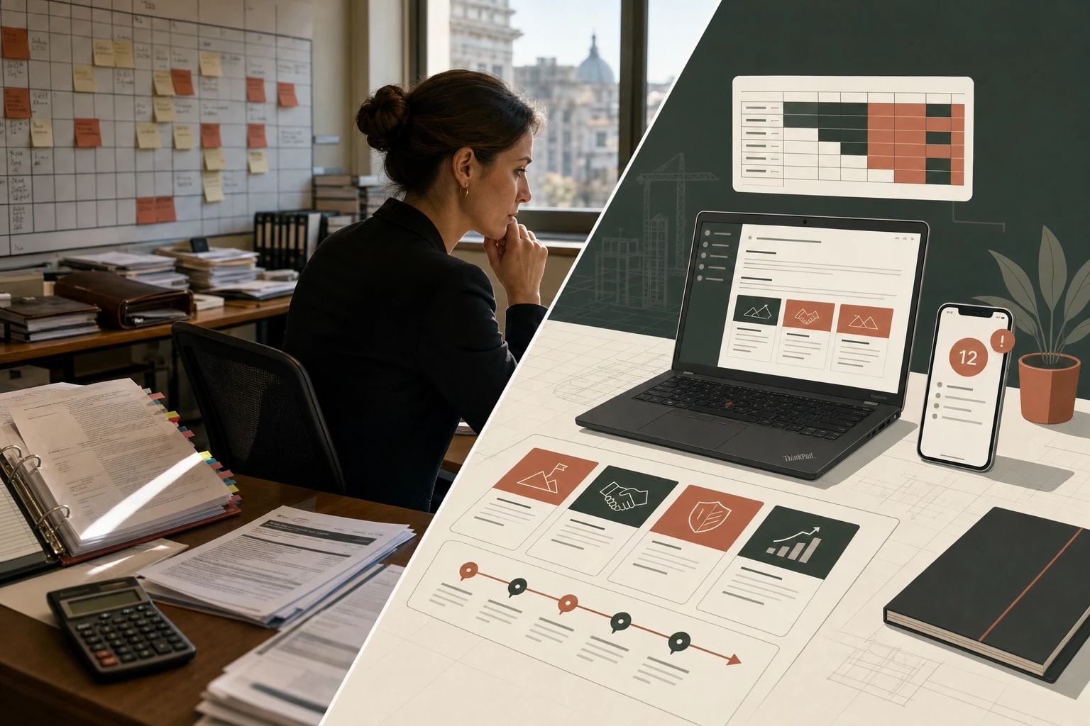 A bid manager's war-room: RFP folder and win/loss board on the left, Vonbuild's tender response composer on the right