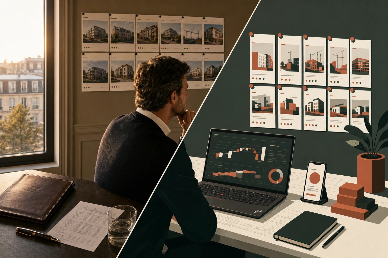 A developer's office: pipeline pinboard and pitch deck on the left, Vonbuild's portfolio P&L dashboard on the right