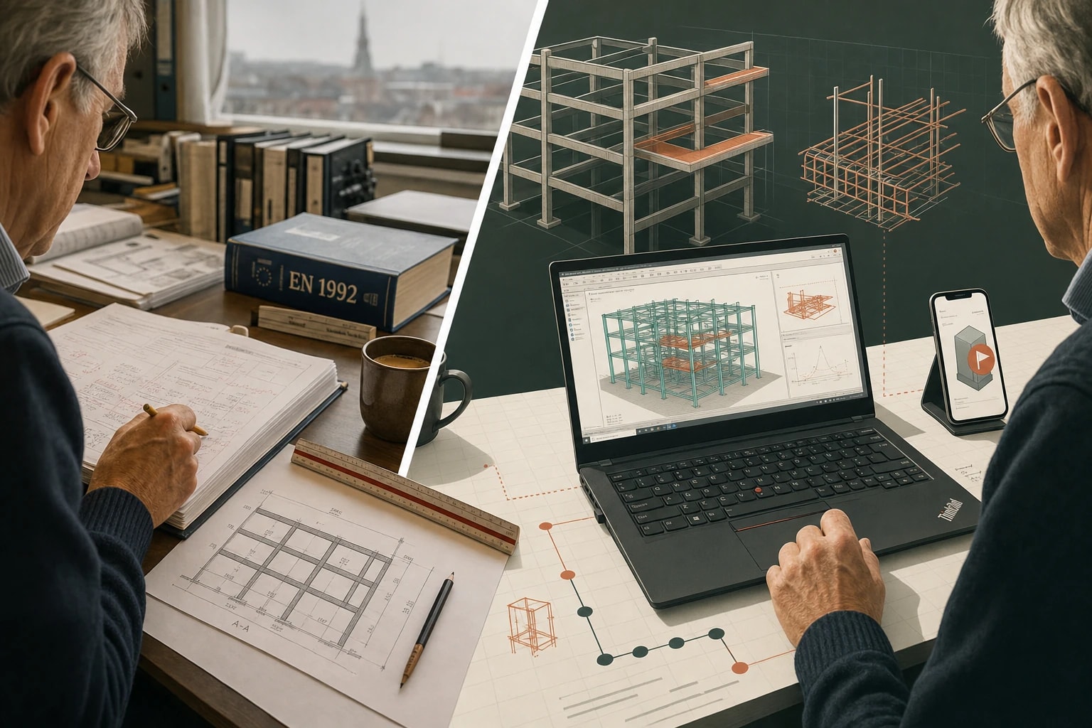 An engineer's workstation: hand-annotated calc note and Eurocode codex on the left, Vonbuild's Robot-driven certified output on the right