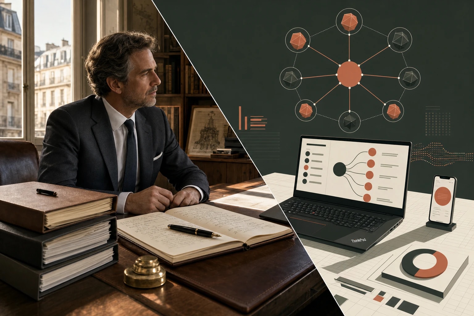 A managing partner's office: cross-functional brief on the left, Vonbuild's 5-master orchestration on the right