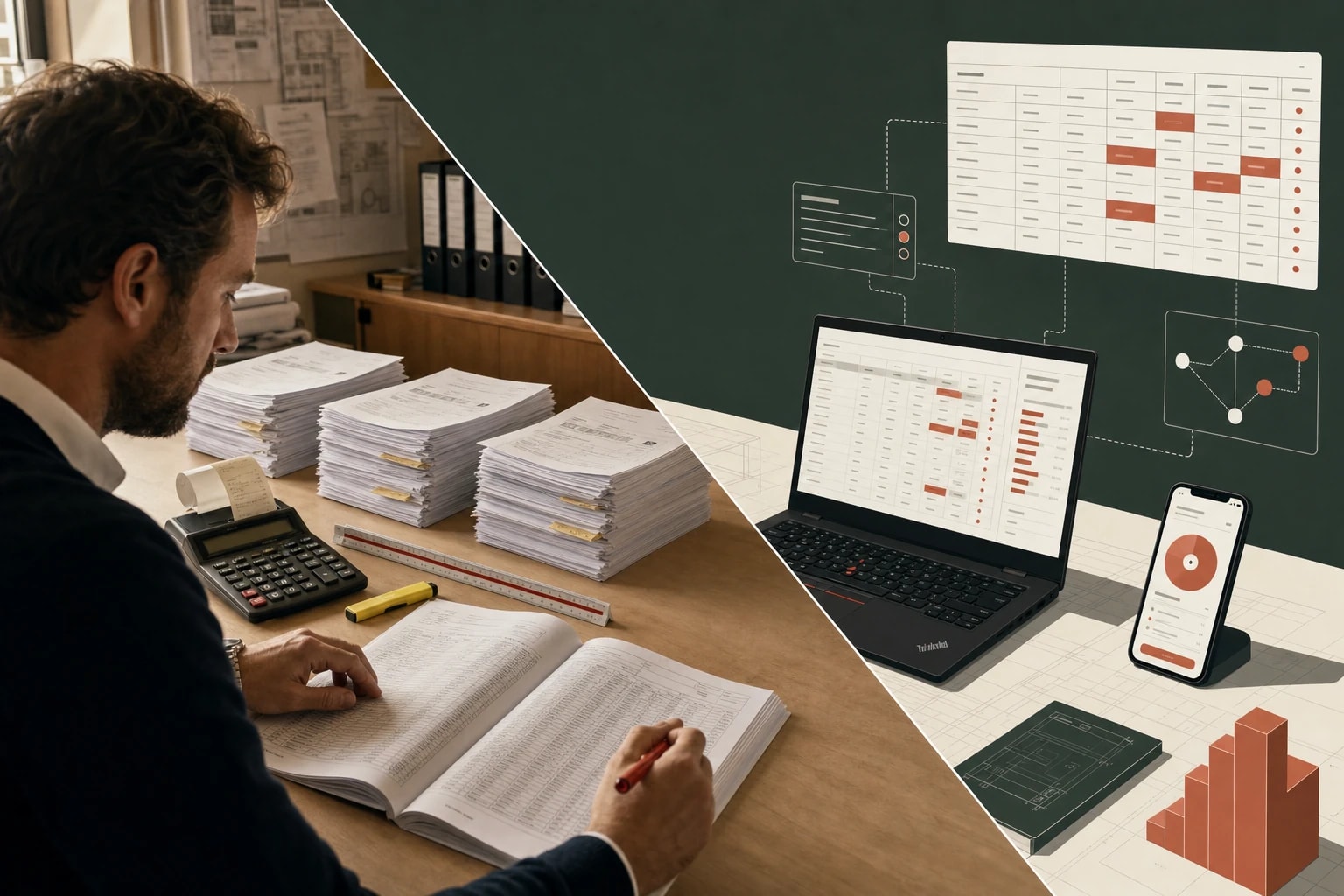 A QS desk: invoice stacks and BOQ printout on the left, Vonbuild's line-by-line audit dashboard on the right