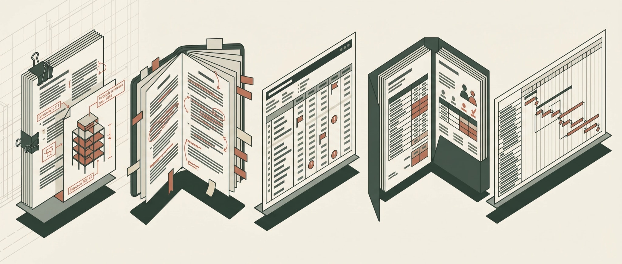 The five signature artifacts of senior AEC work — calculation note, contract, procurement audit, bid pack, Gantt recovery